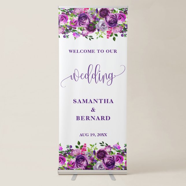 Romantic Purple Floral Wedding Welcome  Retractable Banner (Front)