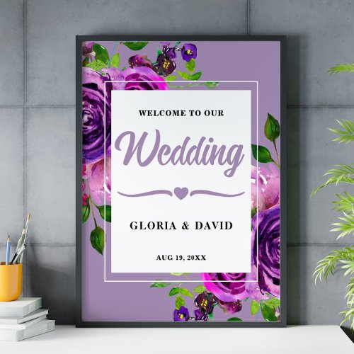 Romantic Purple Floral Wedding Welcome Sign