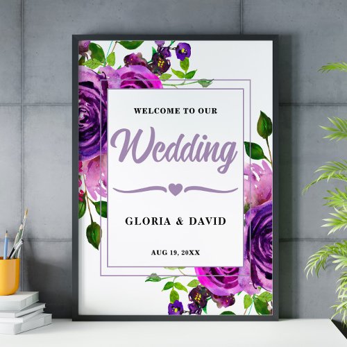 Romantic Purple Floral Wedding Welcome Sign