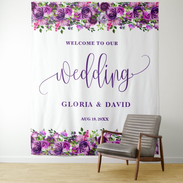 Romantic Purple Floral Wedding Welcome Sign  Tapestry (In Situ)