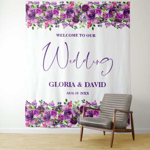 Romantic Purple Floral Wedding Welcome Sign   Tapestry