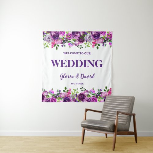 Romantic Purple Floral Wedding Welcome Sign  Tapestry