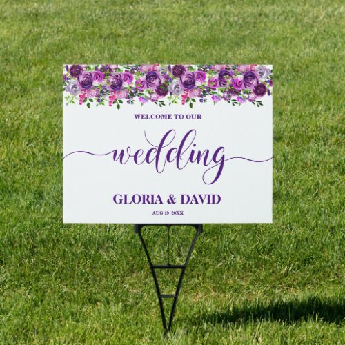 Romantic Purple Floral Wedding Welcome Yard Sign