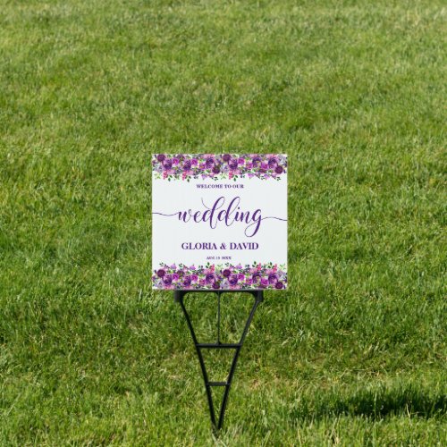 Romantic Purple Floral Wedding Welcome Yard Sign