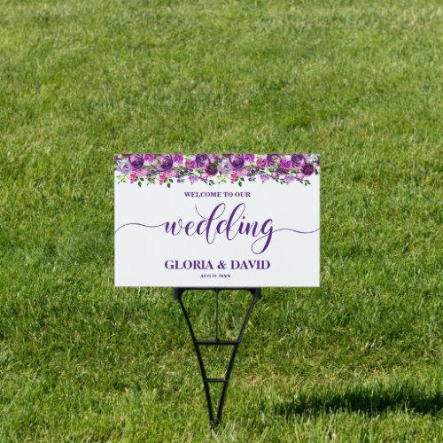 Romantic Purple Floral Wedding Welcome Yard Sign