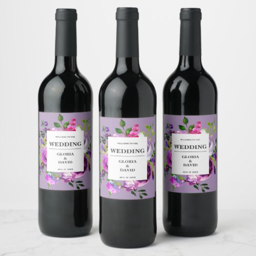 Romantic Purple Floral Wedding Wine Label