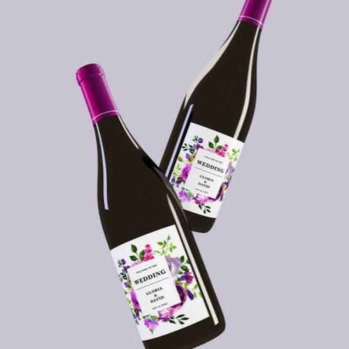 Romantic Purple Floral Wedding Wine Label
