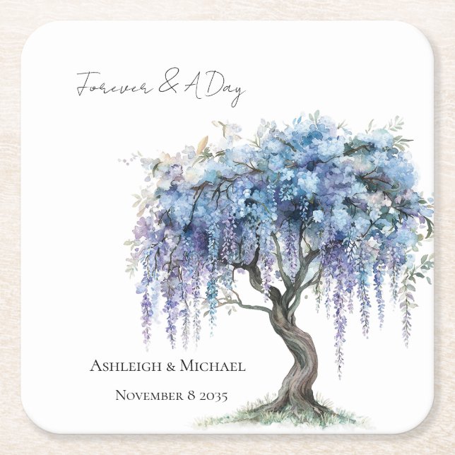 Romantic Purple Flowering Tree Wedding Square Paper Coaster (Front)