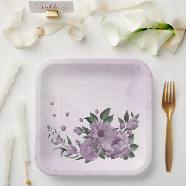 romantic purple flowers botanical  paper plates (Wedding)