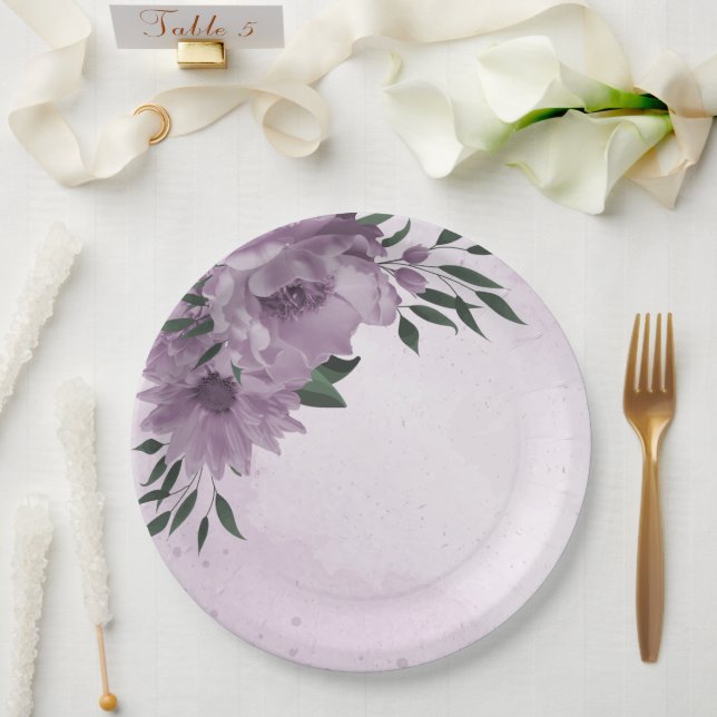 romantic purple flowers botanical  paper plates (Wedding)