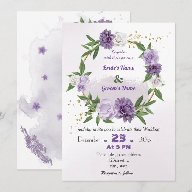 romantic purple flowers botanical wreath wedding invitation (Front/Back)