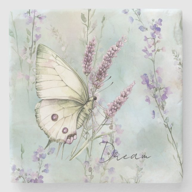 Romantic Purple Flowers Butterfly Dream Stone Coaster (Front)