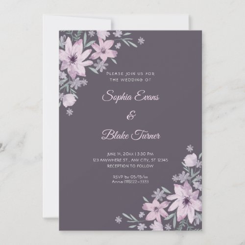 Romantic Purple Flowers Floral Smoke Gray Wedding Invitation
