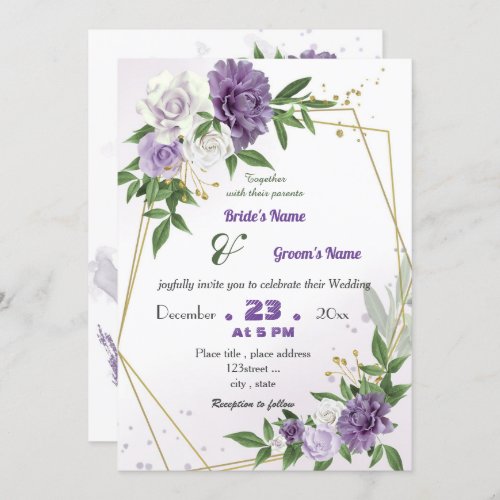 romantic purple flowers geometric wedding invitation