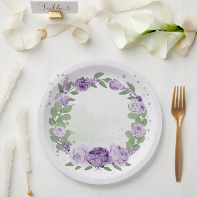 romantic purple flowers green leaves botanical pap paper plates (Wedding)