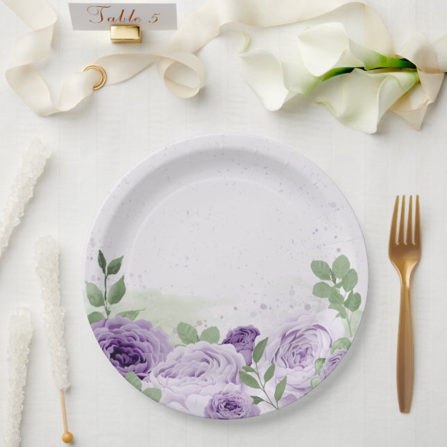 romantic purple flowers green leaves botanical paper plates (Wedding)