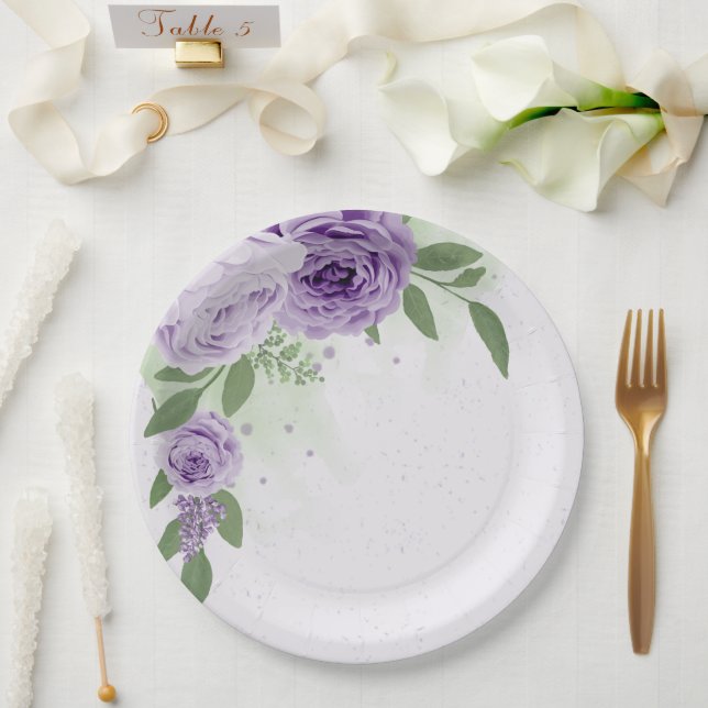 romantic purple flowers green leaves botanical paper plates (Wedding)