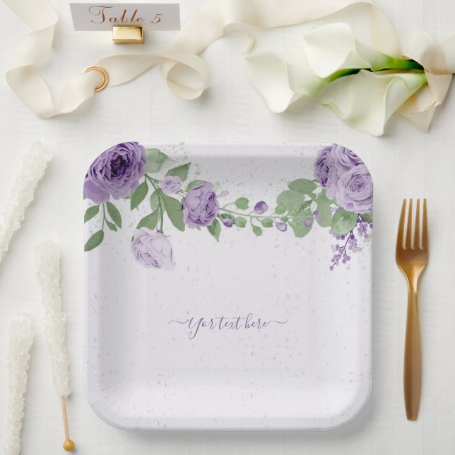 romantic purple flowers green leaves botanical paper plates (Wedding)