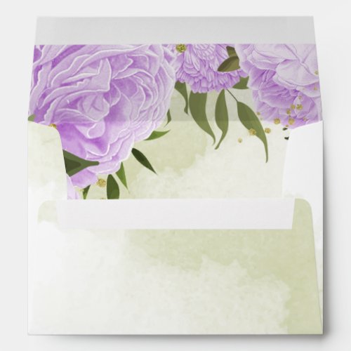 Romantic purple flowers green leaves wedding envelope