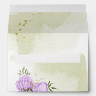 Romantic purple flowers green leaves wedding envelope