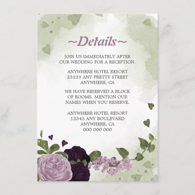 romantic purple flowers greenery details enclosure card (Front)