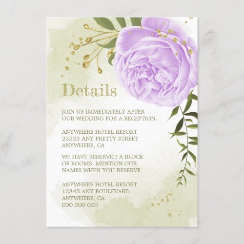 romantic purple flowers greenery details enclosure card