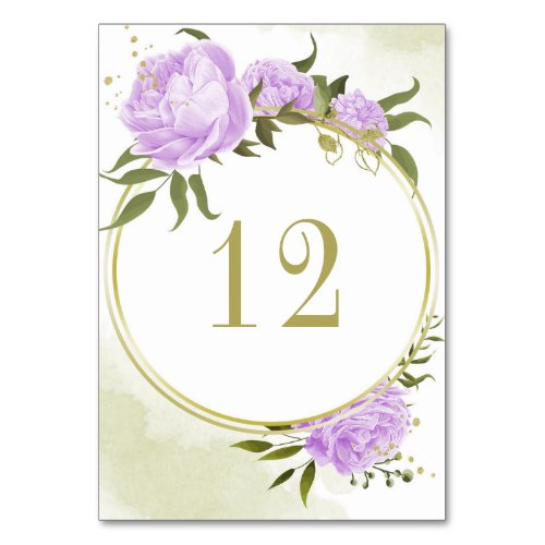 Romantic purple flowers greenery gold wreath table number