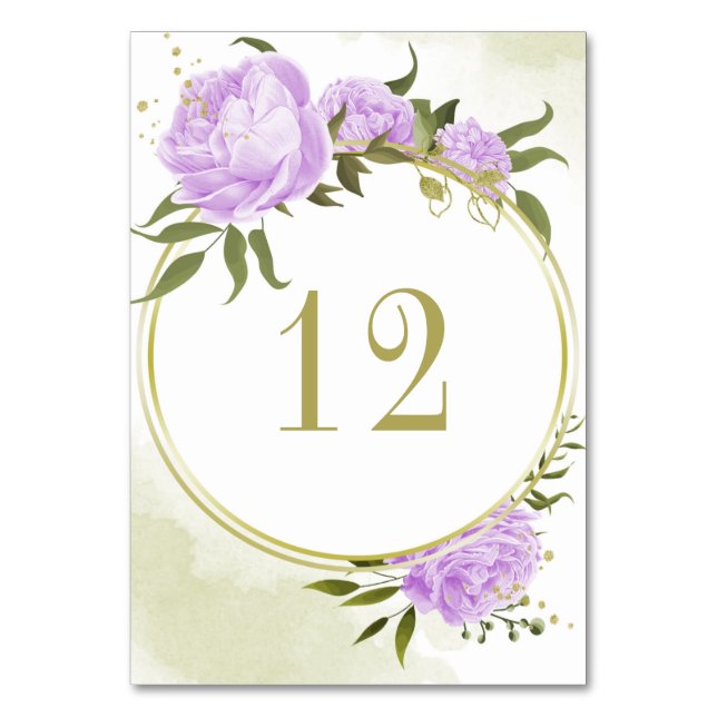 Romantic purple flowers greenery gold wreath table number (Front)