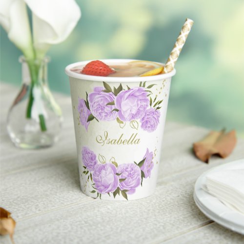 romantic purple flowers greenery paper cups