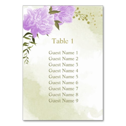 Romantic purple flowers greenery seating chart table number