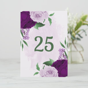 Romantic purple flowers greenery table number card