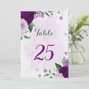 Romantic purple flowers greenery table number card