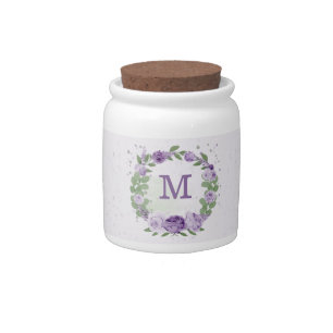 romantic purple flowers greenery wedding candy jar