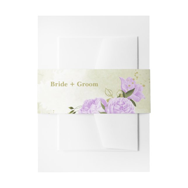 Romantic purple flowers greenery wedding invitation belly band (Front Example)