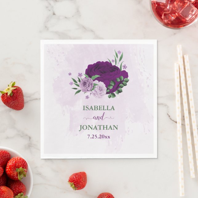 Romantic purple flowers greenery wedding napkins (Insitu)