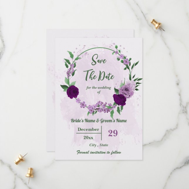 Romantic purple flowers greenery wedding save the date (Front/Back In Situ)