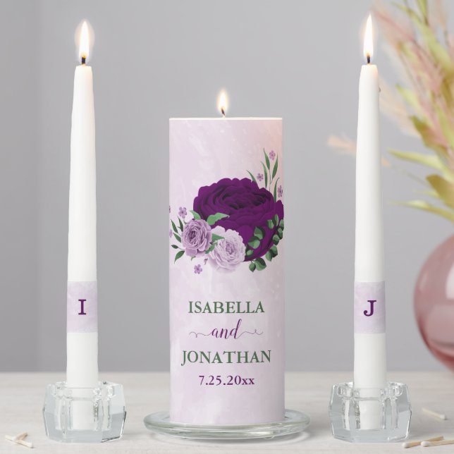 Romantic purple flowers greenery wedding unity candle set (In Situ)