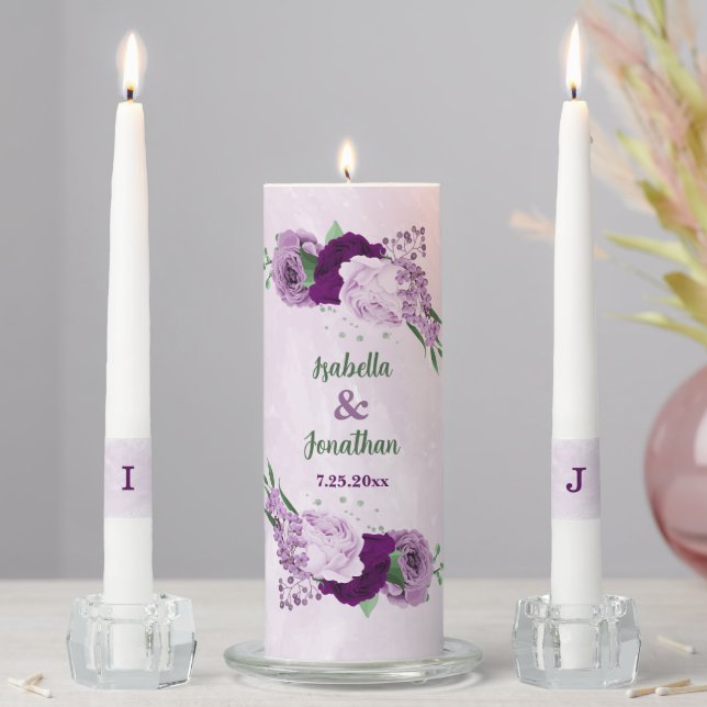 Romantic purple flowers greenery wedding unity candle set (In Situ)