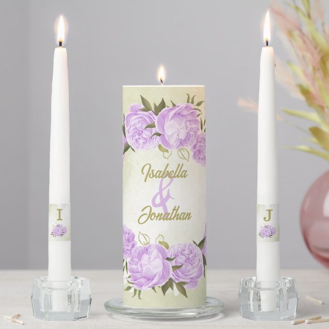 romantic purple flowers greenery wedding unity candle set (In Situ)