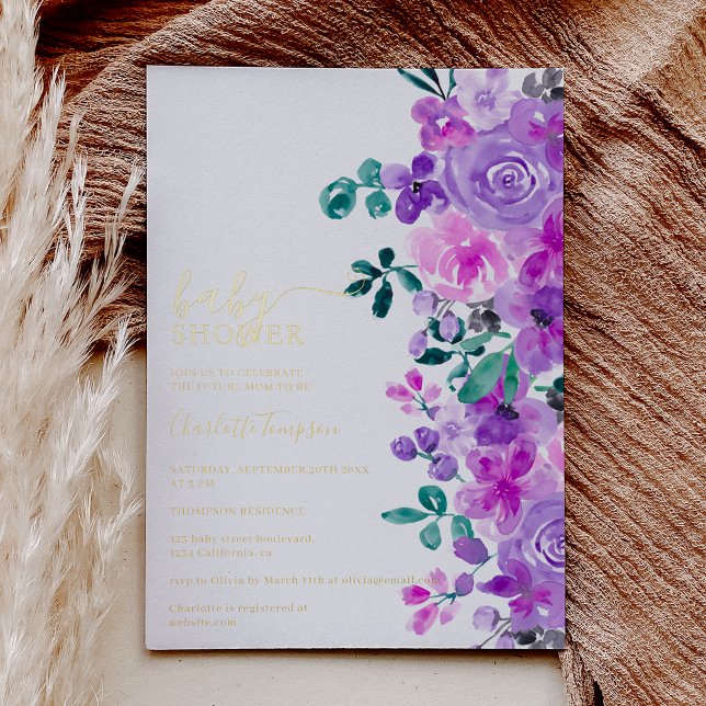 Romantic purple flowers lavender baby shower foil invitation (Romantic real gold foil purple flowers lavender baby shower invitation)