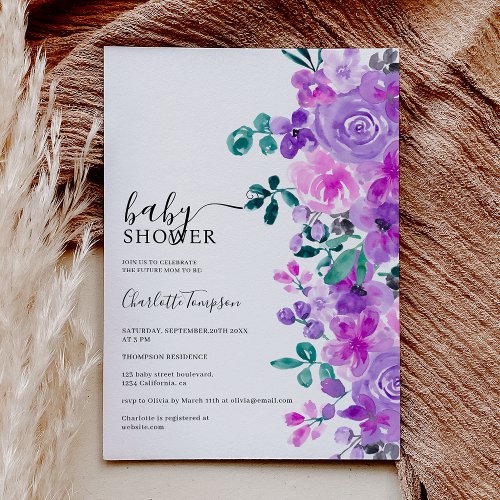 Romantic purple flowers lavender baby shower invitation