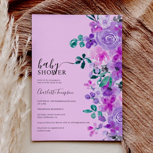 Romantic purple flowers lavender baby shower invitation