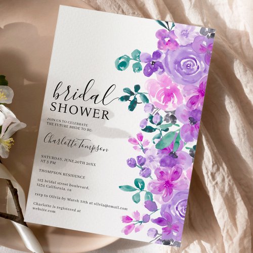 Romantic purple flowers lavender bridal shower invitation