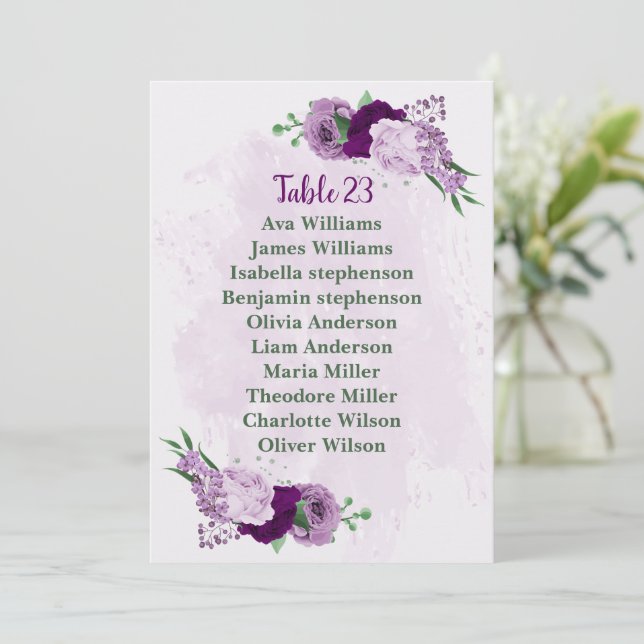 Romantic purple flowers seating chart card (Standing Front)
