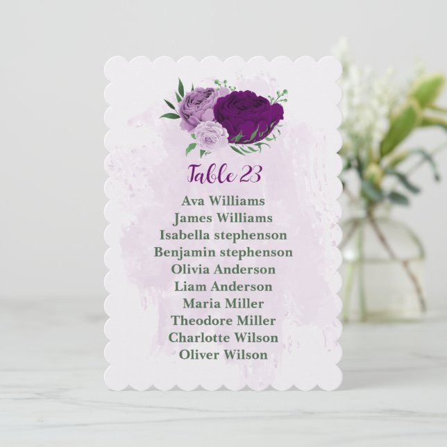 Romantic purple flowers seating chart card (Standing Front)