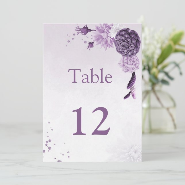 romantic purple flowers table number (Standing Front)