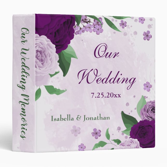 Romantic purple flowers wedding photo album 3 ring binder (Front/Spine)