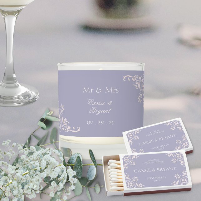 Romantic Purple French Lilac Wedding Matches Gift (purple lavender french lilac theme wedding matches with elegant candle for welcome gift or cigars)