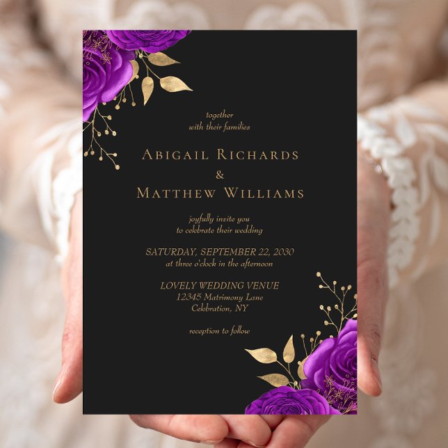 Romantic Purple Gold Floral Dark Wedding Invitation (Creator Uploaded)
