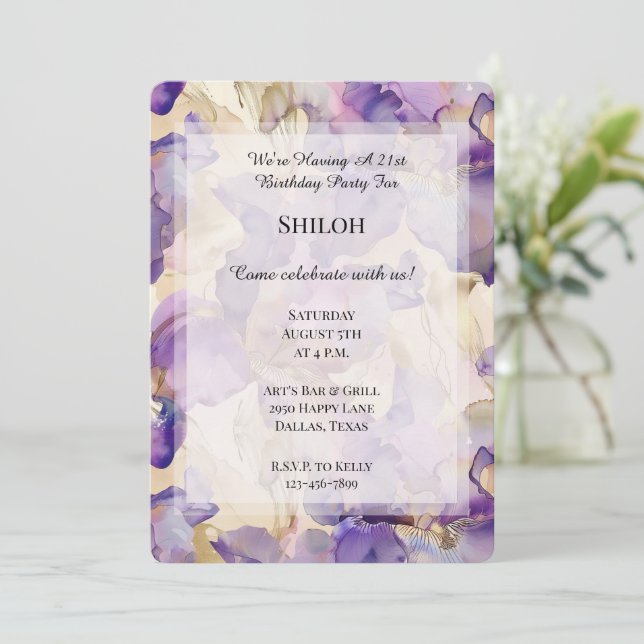 Romantic Purple Gold Iris Floral Birthday Invitation (Standing Front)
